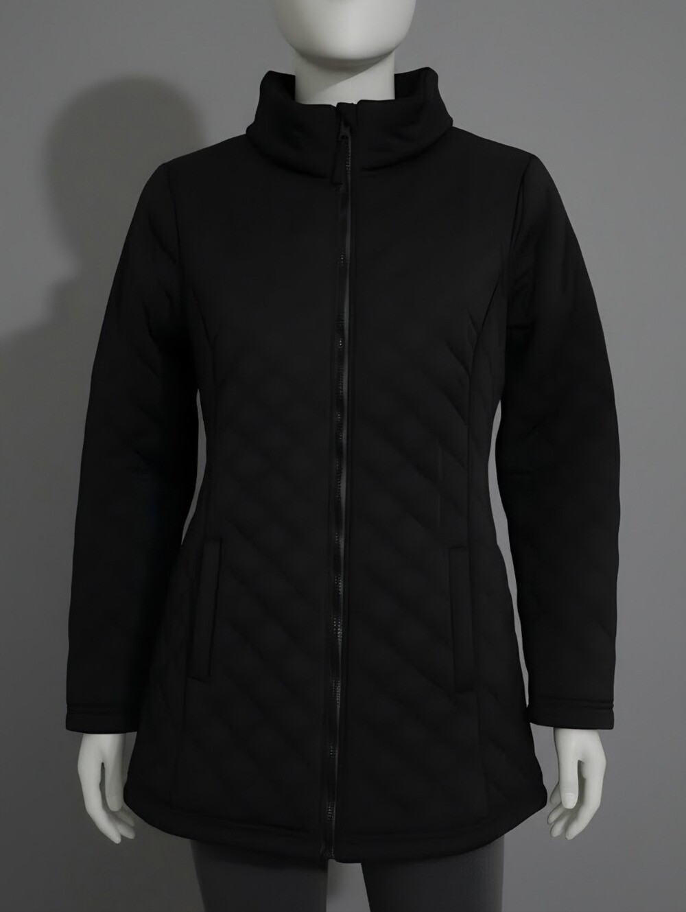 Snozu Black Quilted Zip-Front Coat With Fleece Lining,2 Pockets w/Velcro Closure